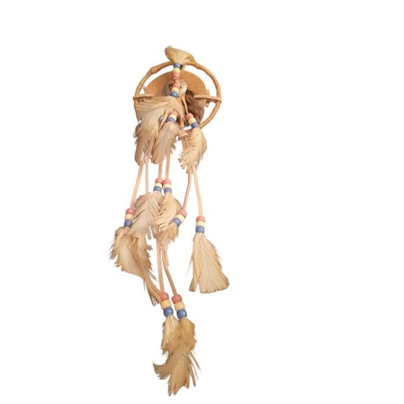 Handmade Dream Catcher Bead Feathers Light Brown/Tan Native American Southwester - Picture 1 of 4
